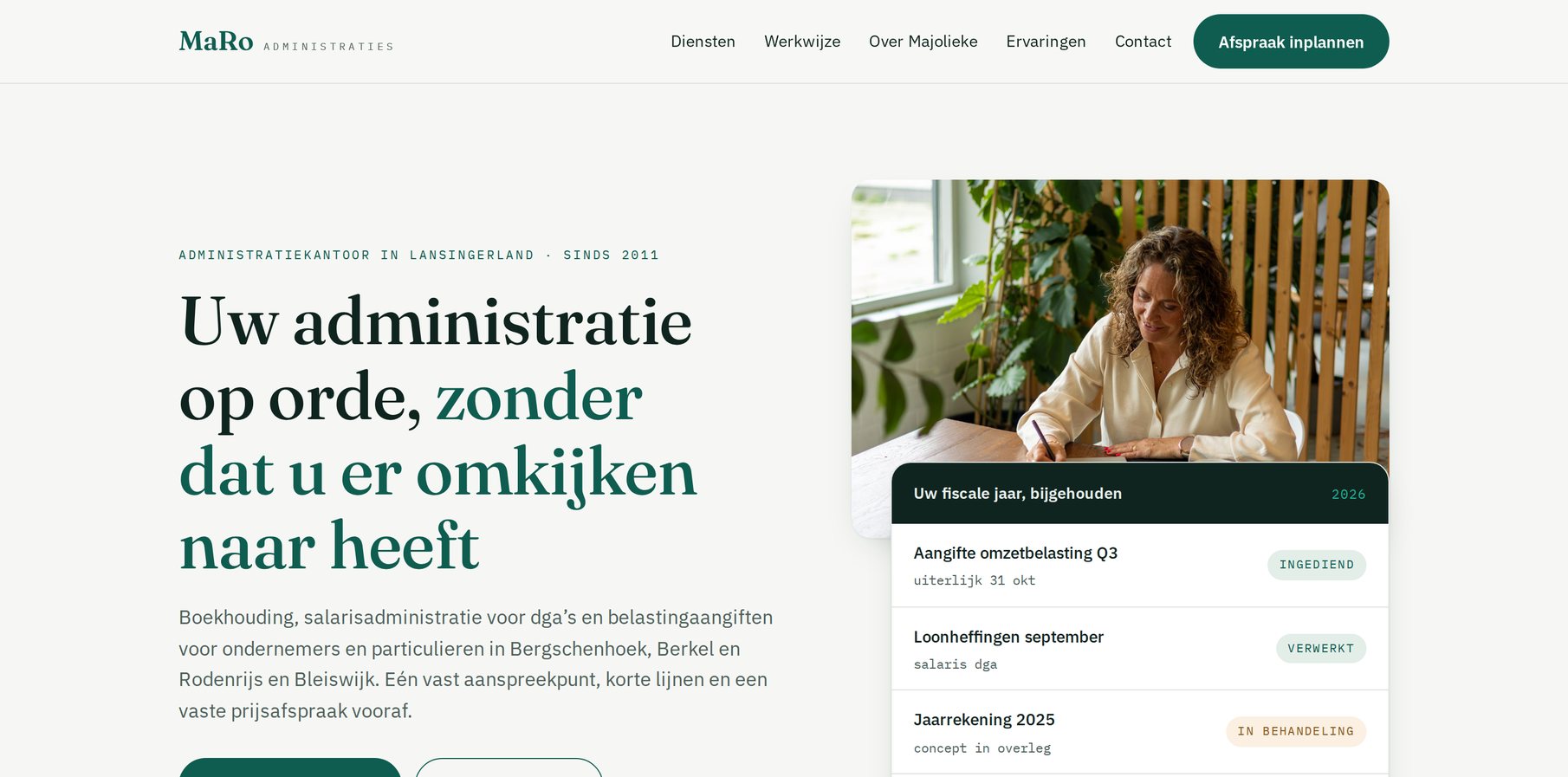 Homepage van maro-administraties.nl, een website die ik heb gebouwd voor administratiekantoor MaRo in Lansingerland
