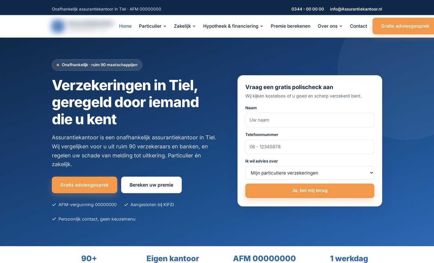 Een website die ik bouwde voor een assurantiekantoor in Tiel: de belangrijkste vraag en het aanvraagformulier staan direct in beeld