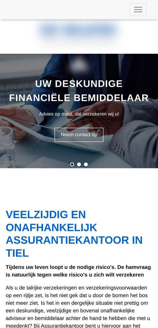 De bestaande site op een telefoon: logo, stockfoto en een lap tekst.