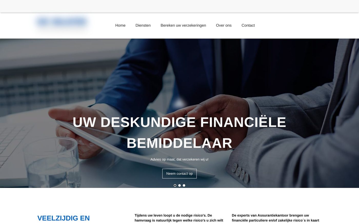 De bestaande homepage van het assurantiekantoor: een stockfoto met de slogan uw deskundige financiele bemiddelaar, zonder duidelijke dienst of actie.